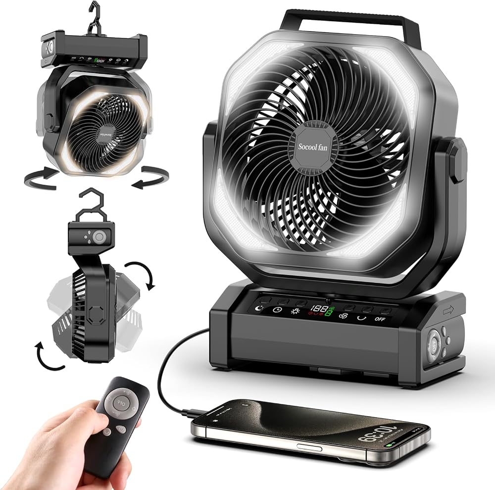 Socool Camping Fan with Light (9-Speed, Digital)